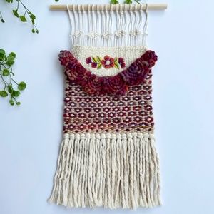 Hand Embroidered Burgundy Floral Woven Wall Hanging Scandinavian Inspired